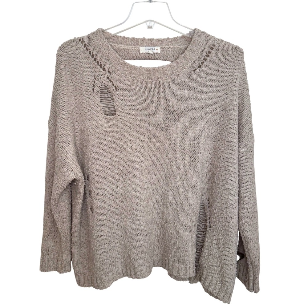 Boho Distressed Oversized Knit Sweater Beige Marled Umgee Cutout Back XL Women